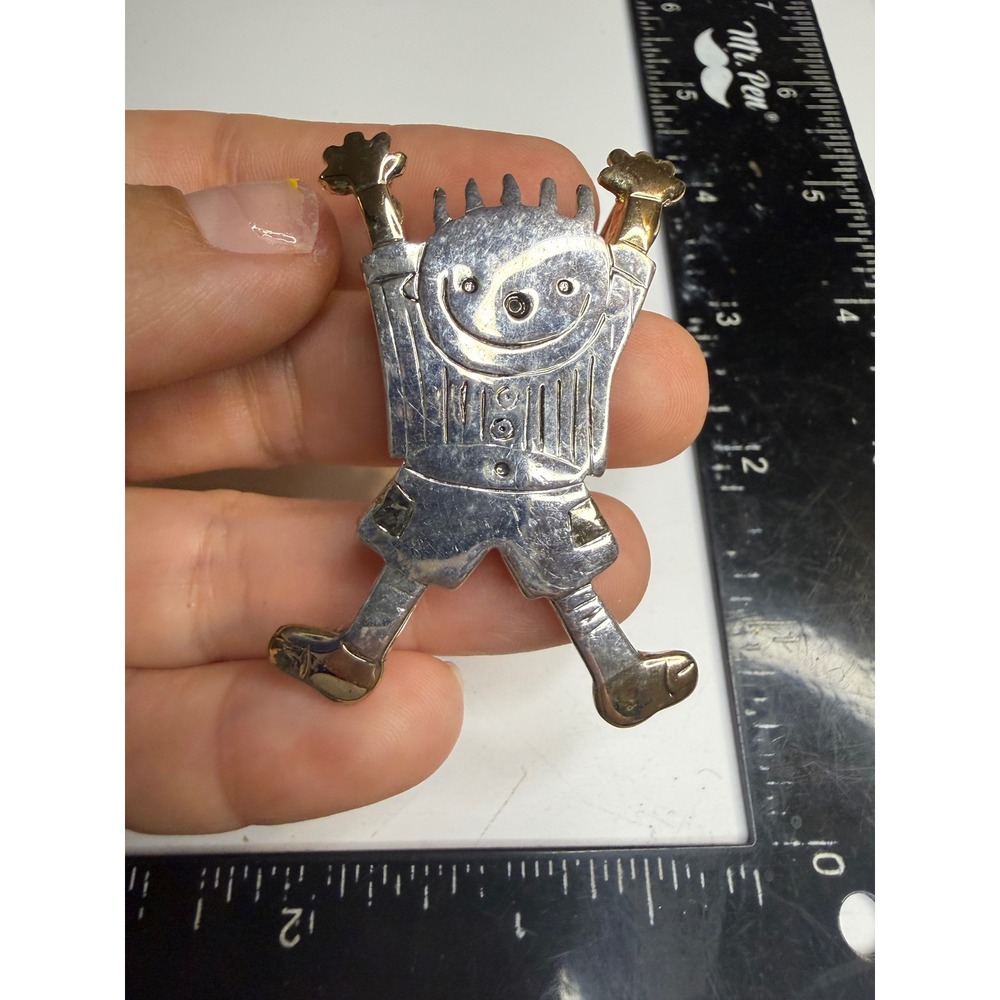 Whimsical Two Tone Silver Gold Happy Boy Brooch Pendant Large Stick Figure Pin
